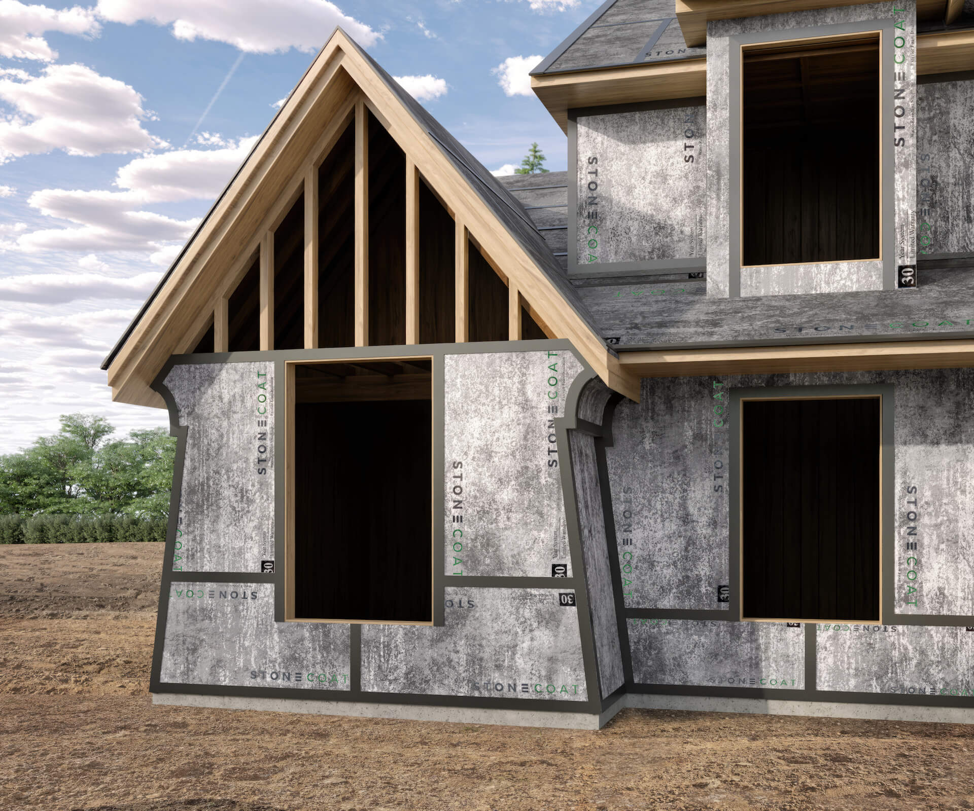 A rendering of the exterior of a house covered in StoneCoat FUSION showing a cutaway of a portion of the roof