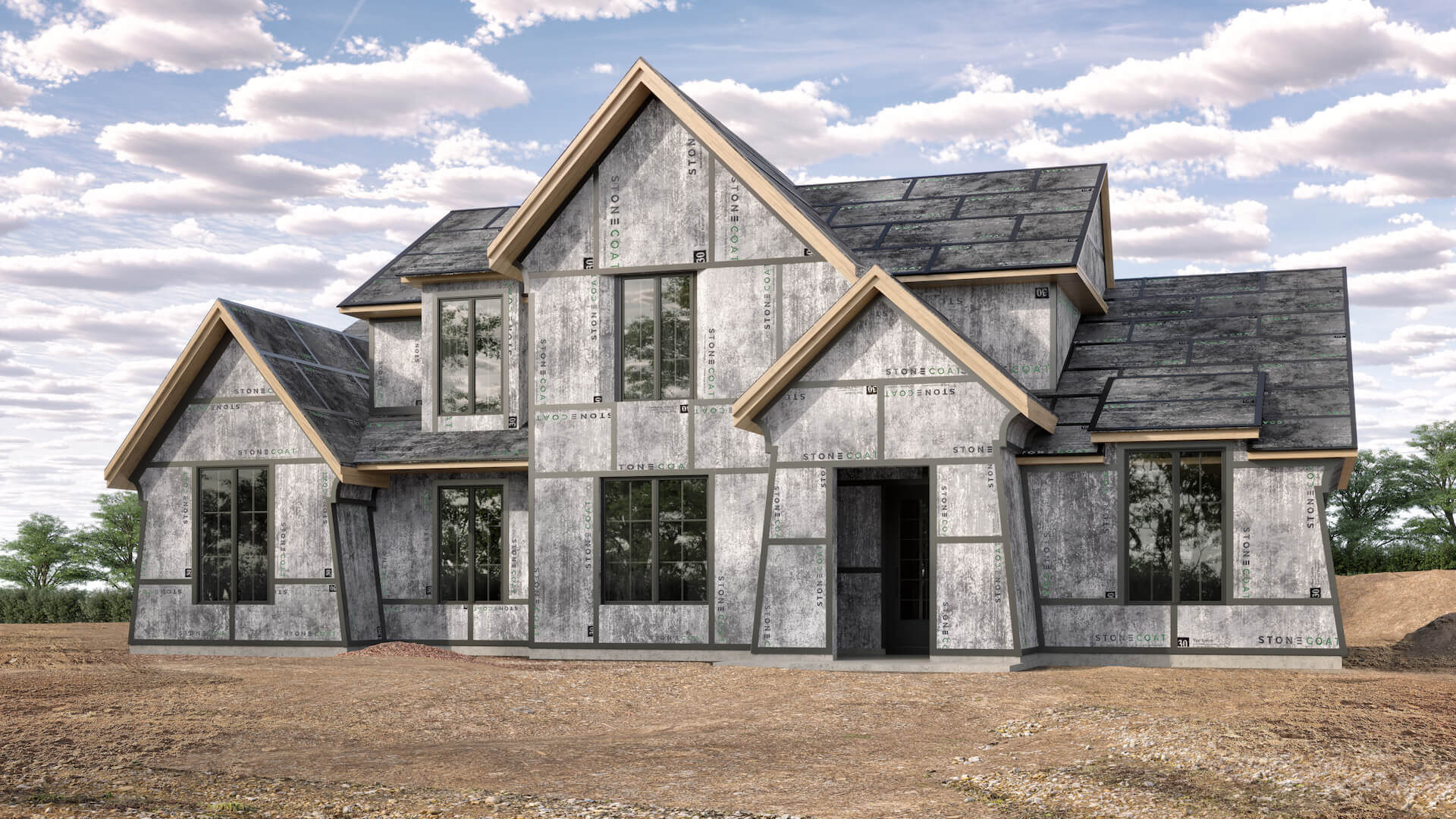 A rendering of the exterior of a house covered in StoneCoat FUSION