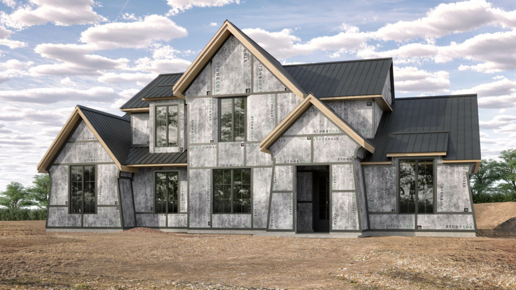 A rendering of the exterior of a house covered in StoneCoat FUSION with a completed roof