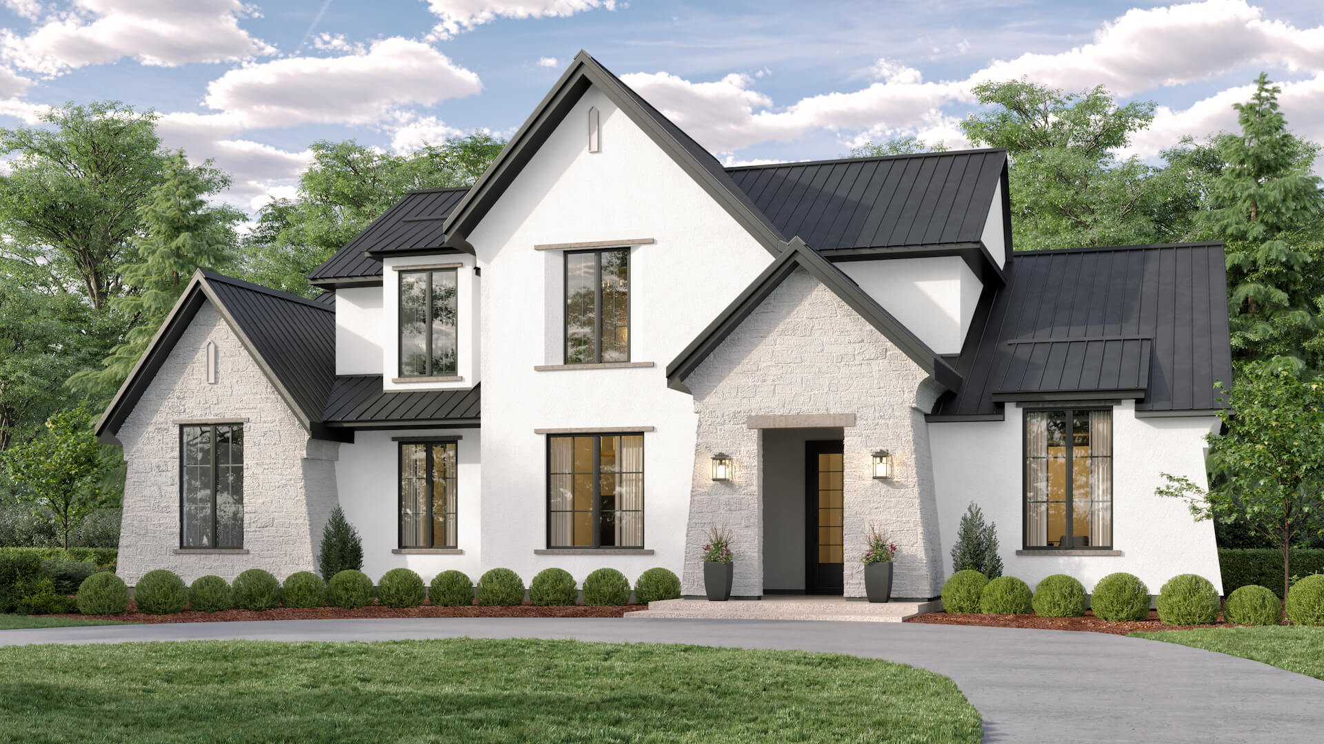 A rendering of the exterior of a house using StoneCoat Products